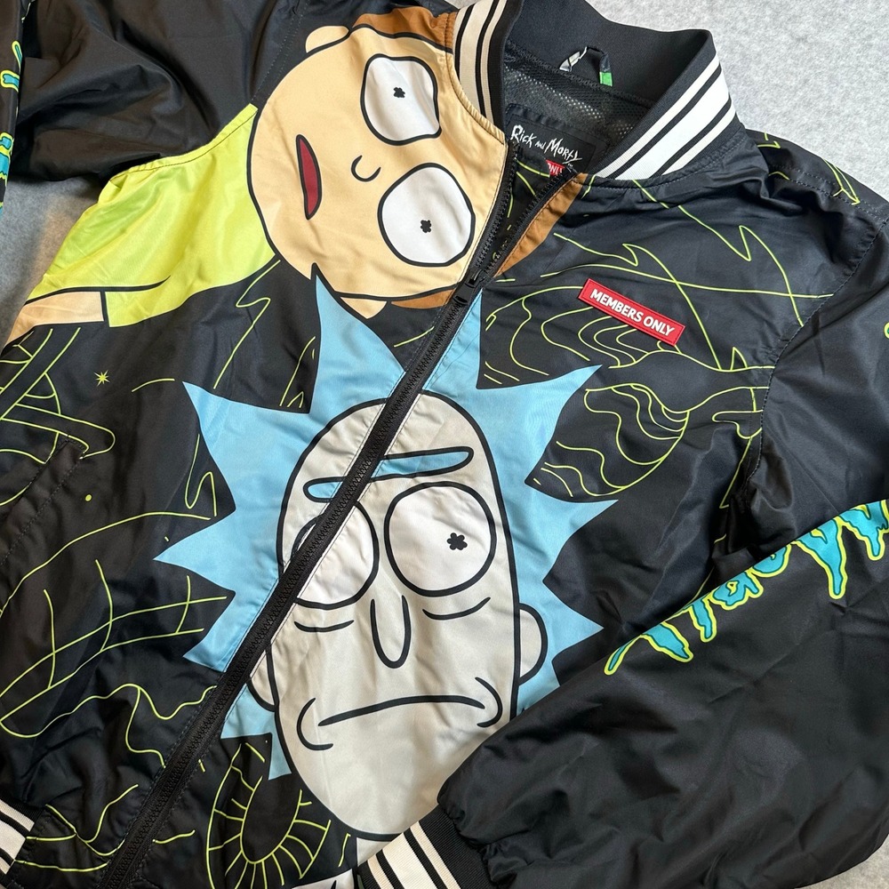 Members Only Rick and Morty Bomber Jacket Black Windbreaker Men Large MW011305